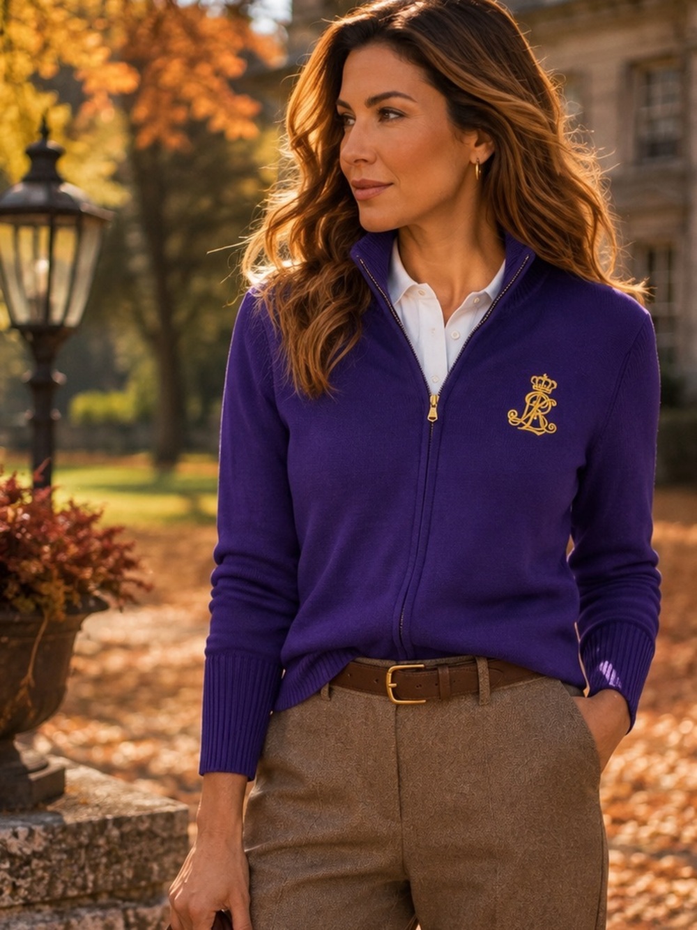 Lauren Ralph Lauren Purple Full Zip Cotton Sweater Gold Crest Logo XL